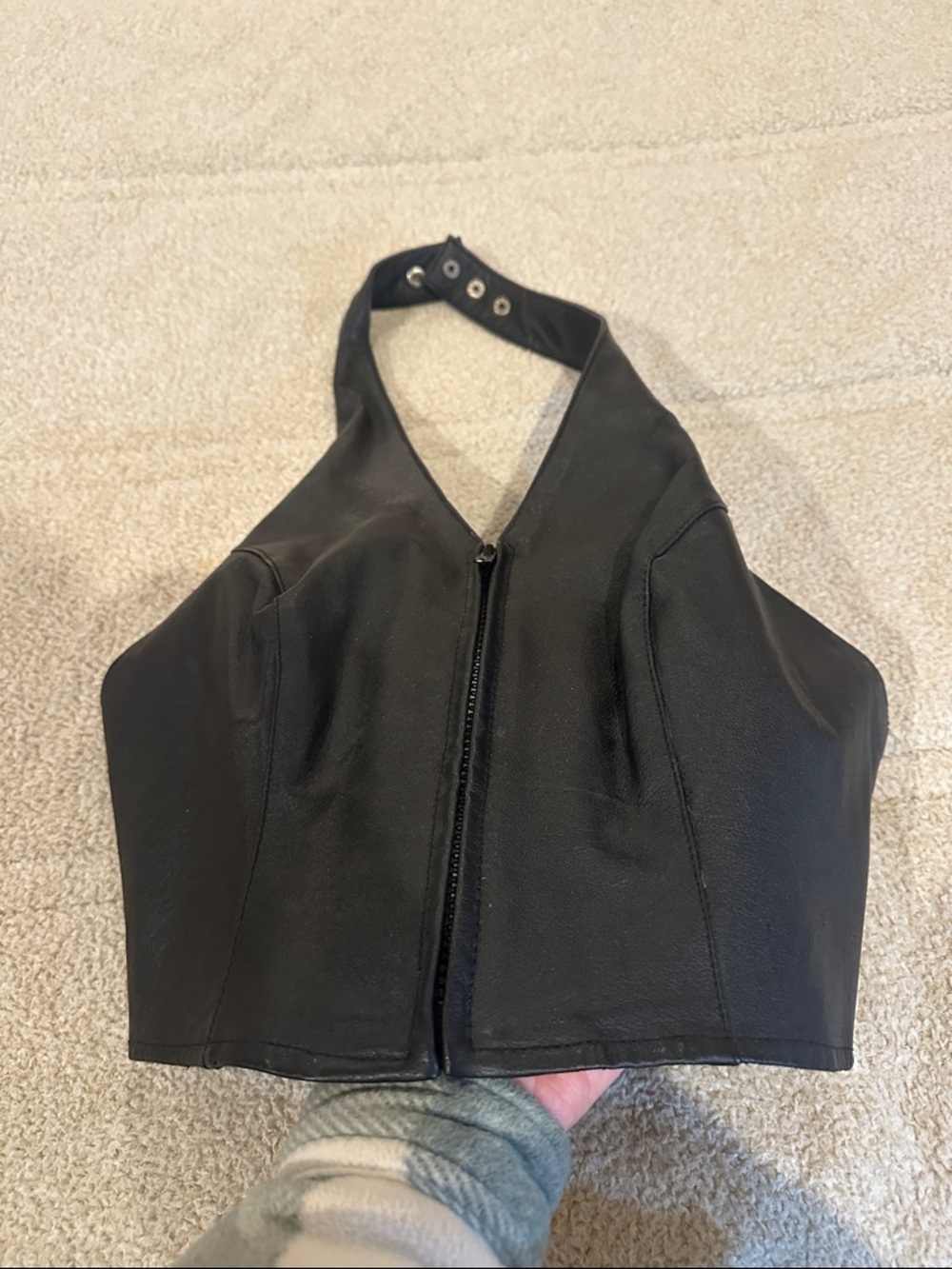 Wilsons Leather Black Leather Halter Zip Front Top